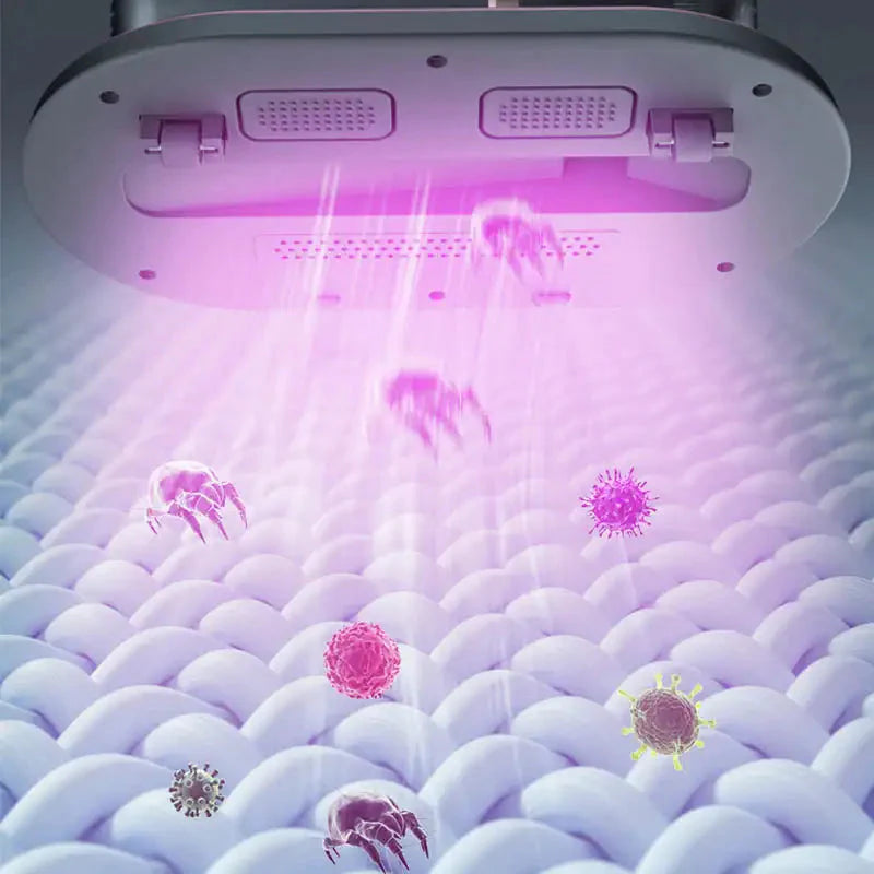 Ilustración de ácaros eliminados por la luz UV-C del aspirador AeroPure sobre un colchón