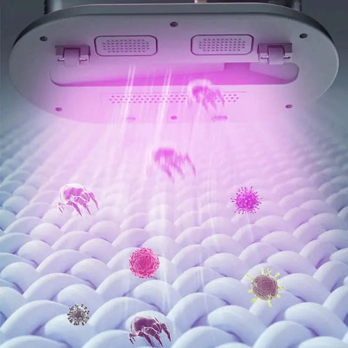 Ilustración de ácaros eliminados por la luz UV-C del aspirador AeroPure sobre un colchón